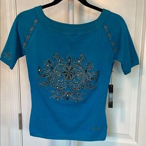 BCBGMaxAzria Blue Fitted Embellished Sweater